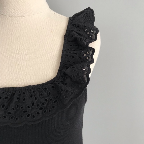 H&M Sleeveless Ribbed Tank Black Broderie Anglaise Lace Ruffled Neckline - Picture 2 of 11